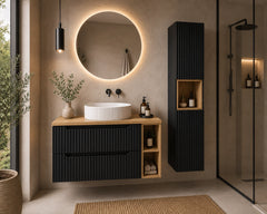 Ensemble salle de bain Nova noir et chêne 100 cm vasque à poser avec colonne