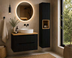 Ensemble salle de bain Nova noir et chêne 80 cm vasque blanche avec colonne
