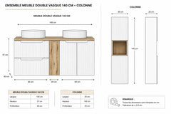 Ensemble salle de bain Nova blanc 140 cm double vasque à poser niche fermée et colonne