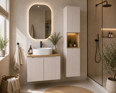 Ensemble salle de bain Nova cachemire et chêne 80 cm 2 portes avec vasque et colonne