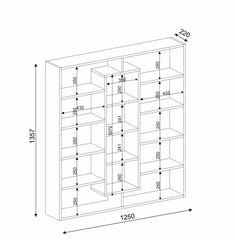 Schéma technique de la bibliothèque Bibliélégance noir et blanc avec toutes les dimensions détaillées, idéale pour un salon moderne ou un bureau. Hauteur 135,7 cm, largeur 125 cm, profondeur 22 cm, avec étagères de différentes hauteurs et profondeurs pour optimiser le rangement.