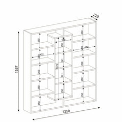 Schéma technique de la bibliothèque Bibliélégance noir et blanc avec toutes les dimensions détaillées, idéale pour un salon moderne ou un bureau. Hauteur 135,7 cm, largeur 125 cm, profondeur 22 cm, avec étagères de différentes hauteurs et profondeurs pour optimiser le rangement.