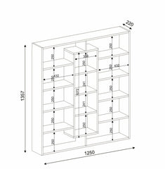 Schéma technique de la bibliothèque bois et blanc, avec toutes les dimensions détaillées : largeur 125 cm, hauteur 135,7 cm, profondeur 22 cm.