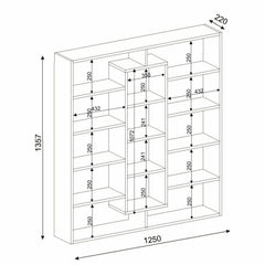 Schéma technique de la bibliothèque bois et blanc, avec toutes les dimensions détaillées : largeur 125 cm, hauteur 135,7 cm, profondeur 22 cm.