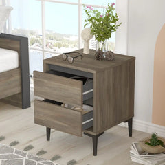 Table de chevet LUNAIRE bois foncé avec tiroirs ouverts, vue intérieure de rangement.