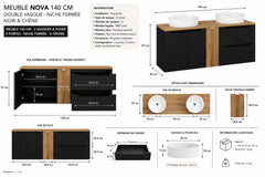 Meuble salle de bain Nova noir et chêne 140 cm double vasque niche fermée