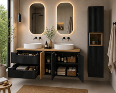Ensemble salle de bain Nova noir et chêne 140 cm double vasque avec colonne niche fermée