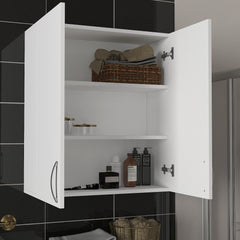 Intérieur du meuble de salle de bain DesignDoor ouvert montrant le rangement - LeBoMeuble