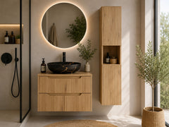 Ensemble salle de bain Nova bois clair 60 cm vasque noire et dorée avec colonne
