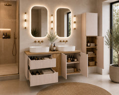 Ensemble salle de bain Nova cachemire et chêne 140 cm double vasque avec colonne
