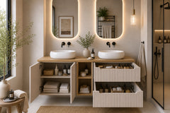 Meuble salle de bain Nova cachemire et chêne 140 cm double vasque niche ouverte
