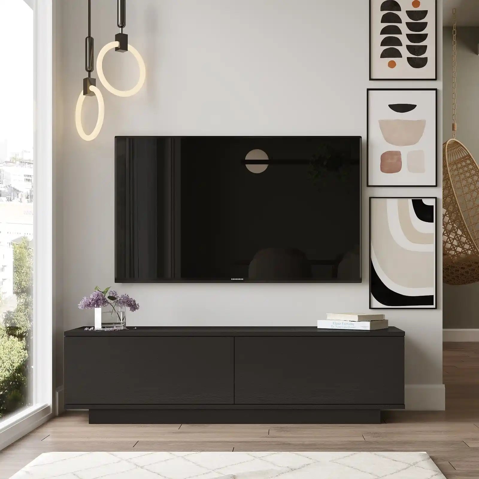 Meuble TV CELESTE Noir – Vue avant – Design moderne avec portes abattantes