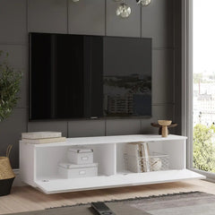 Meuble TV CELESTE blanc avec rangement ouvert et décoration moderne