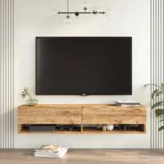 Meuble TV suspendu Elisa 140 cm en bois naturel – modèle mural avec 2 tiroirs – vue de face – LeBoMeuble