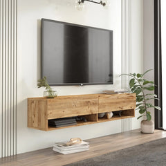 Meuble TV suspendu Elisa 140 cm en bois naturel – vue en angle gauche – meuble mural avec tiroirs et niches – LeBoMeuble