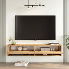 Meuble TV Elisa 140 cm – meuble TV suspendu avec tiroirs ouverts et rangement – bois brut naturel – vue fonctionnelle – LeBoMeuble