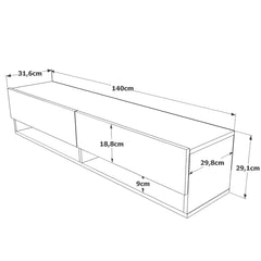 Dimensions du meuble TV suspendu Elisa – 140x31,6x29,1 cm – plan technique avec mesures précises – meuble mural bois naturel – LeBoMeuble
