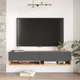 Meuble TV suspendu Elisa 140cm bois naturel et tiroirs gris – vue face - LEBOMEUBLE