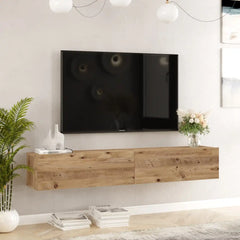 Meuble TV flottant en bois clair avec rangement - Design moderne