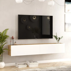 Vue latérale du meuble TV ECLYPSE, design épuré en blanc mat et bois clair