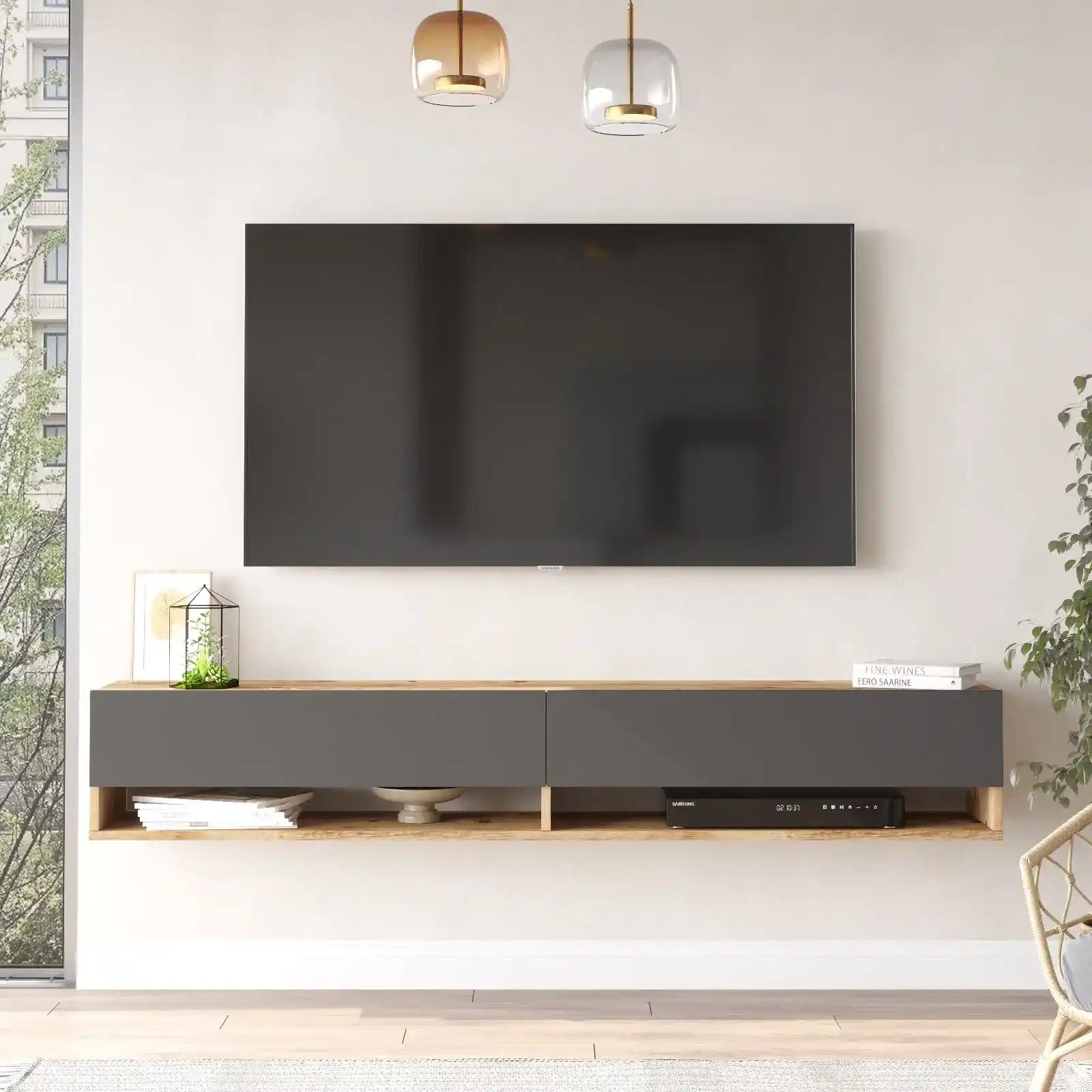 Meuble TV suspendu Fable gris et bois clair - Design flottant moderne