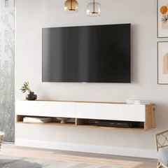 Meuble TV suspendu Fable blanc et bois clair, design moderne pour salon.