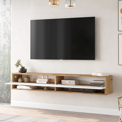 Meuble TV Fable avec rangement ouvert et espace pour box internet et accessoires.