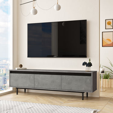 gris-Salon moderne accueillant le meuble TV MIRAGE 160cm- alliance de bois et de métal noir