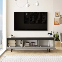 meuble-tv-mirage-gris-noir-ouvert.jpg → Meuble TV Mirage avec compartiments ouverts et rangements intégrés
