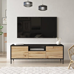 Meuble TV Focus en bois clair et noir avec pieds en acier noir