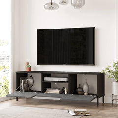 Meuble TV Focus avec portes ouvertes et rangements intérieurs visibles