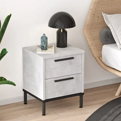 Chevet ASTRA 2 tiroirs en MDF effet béton gris et pieds en acier noir, meuble idéal pour chambre.