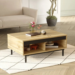Table basse DIONE bois clair et noir vue de face, avec rangements ouverts et pieds acier.