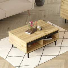 Table basse DIONE bois clair et noir vue du dessus, mise en scène avec décoration.