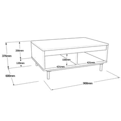 Table basse DIONE bois clair et noir avec plan technique et dimensions détaillées.