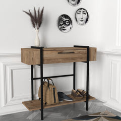 Console entrée compacte ANDORRE bois clair et métal noir, déco avec vase et tableau