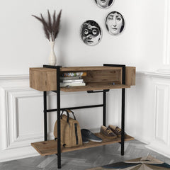 Console industrielle bois clair ANDORRE – angle latéral avec étagère basse ouverte