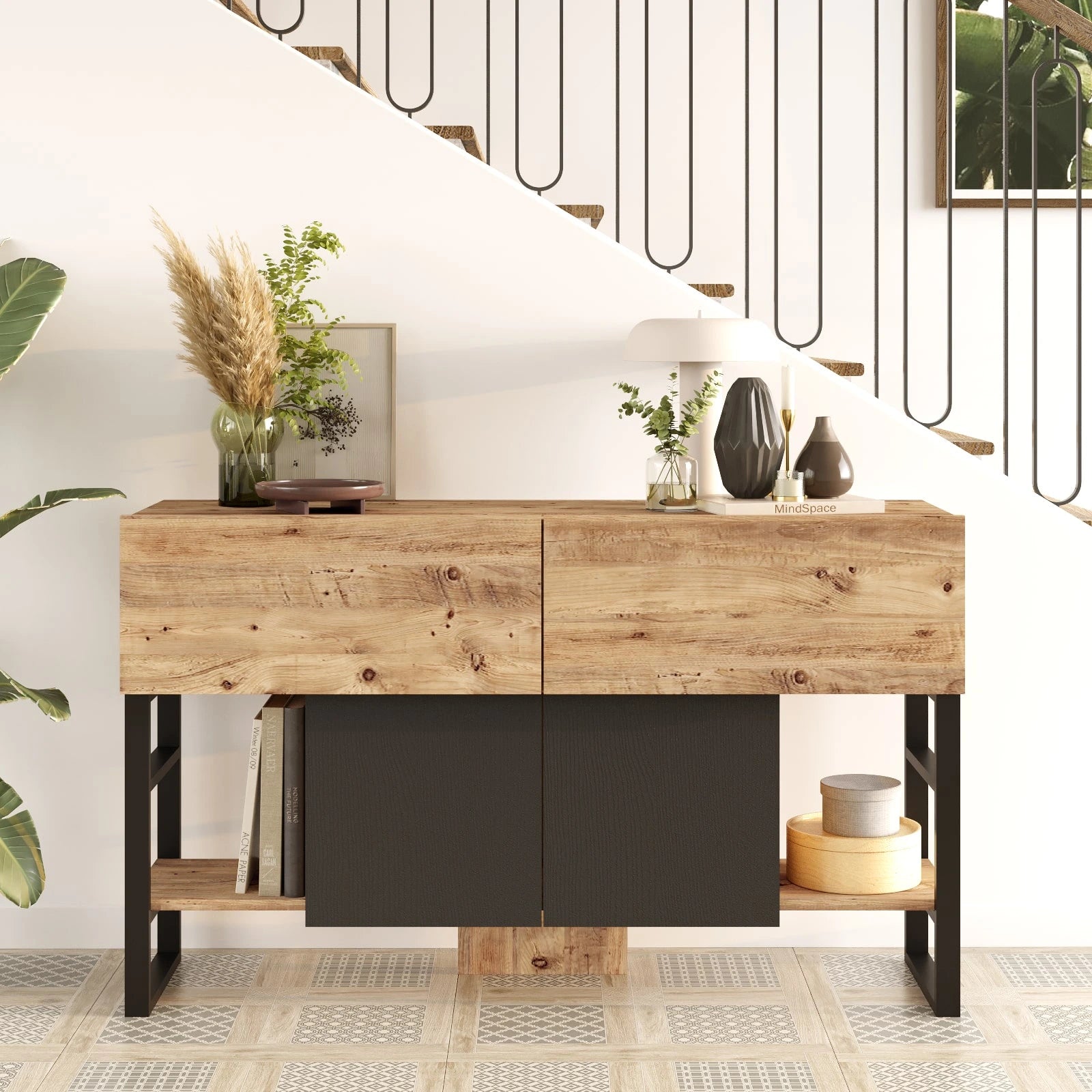 Console JUNO bois et acier noir 140x43 cm devant escalier