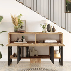 Vue d’angle de la console JUNO bois naturel et métal noir. lebomeuble