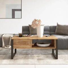 Table basse design VALENCE bois clair avec pieds en acier noir, plateau épais 18 mm et double espace de rangement pour magazines et télécommandes.