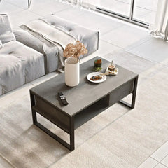 Table basse “VALENCE” bois gris 100x60 cm avec structure en acier noir, design minimaliste et épuré, idéale pour salon moderne et industriel.