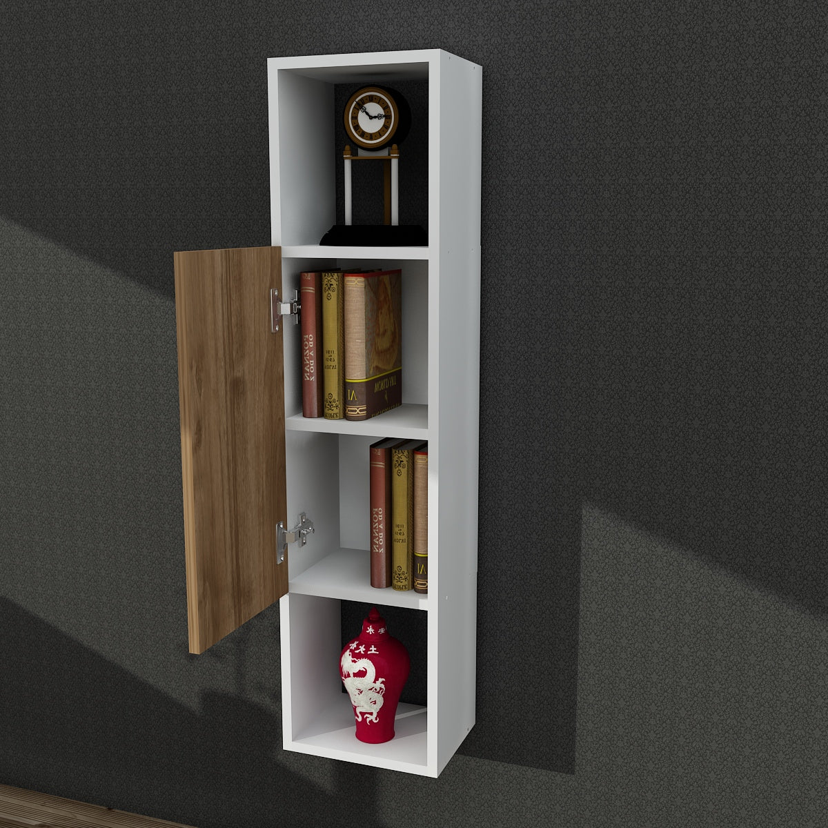 Colonne de salle de bain ColonnaVersa en blanc et noyer avec porte ouverte - LeBoMeuble