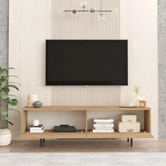 Meuble TV Aurora avec portes ouvertes et rangements organisés