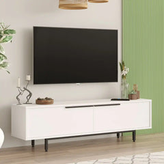 Vue latérale du meuble TV Aurora en blanc avec pieds en acier noir