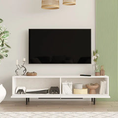 Meuble TV Aurora avec les portes ouvertes montrant les rangements