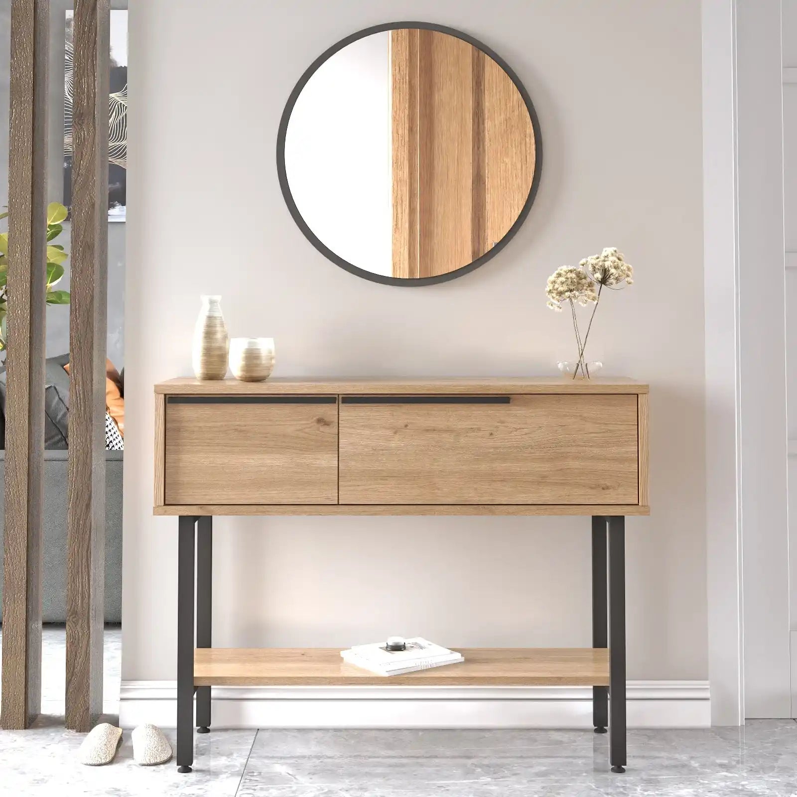 Console d’entrée bois clair avec miroir rond – style scandinave et pieds métal noir