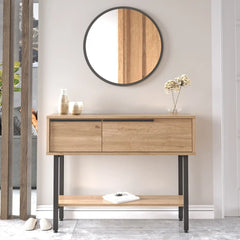 Console d’entrée bois clair avec miroir rond – style scandinave et pieds métal noir