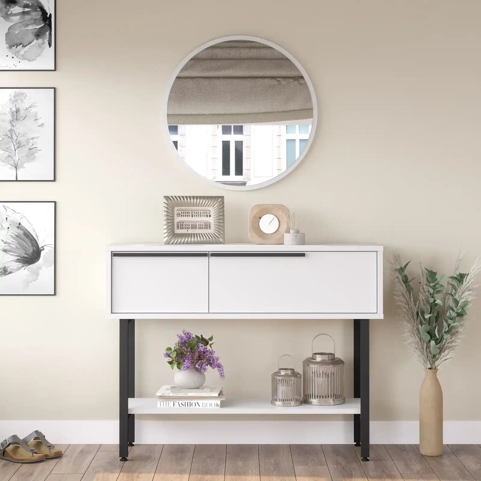 Console d’entrée blanche CYRIUS avec miroir rond assorti, design moderne et épuré.