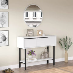 Vue complète console blanche CYRIUS avec miroir dans une entrée moderne.