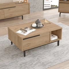 Table basse Vega en bois clair avec pieds en acier noir dans un salon moderne